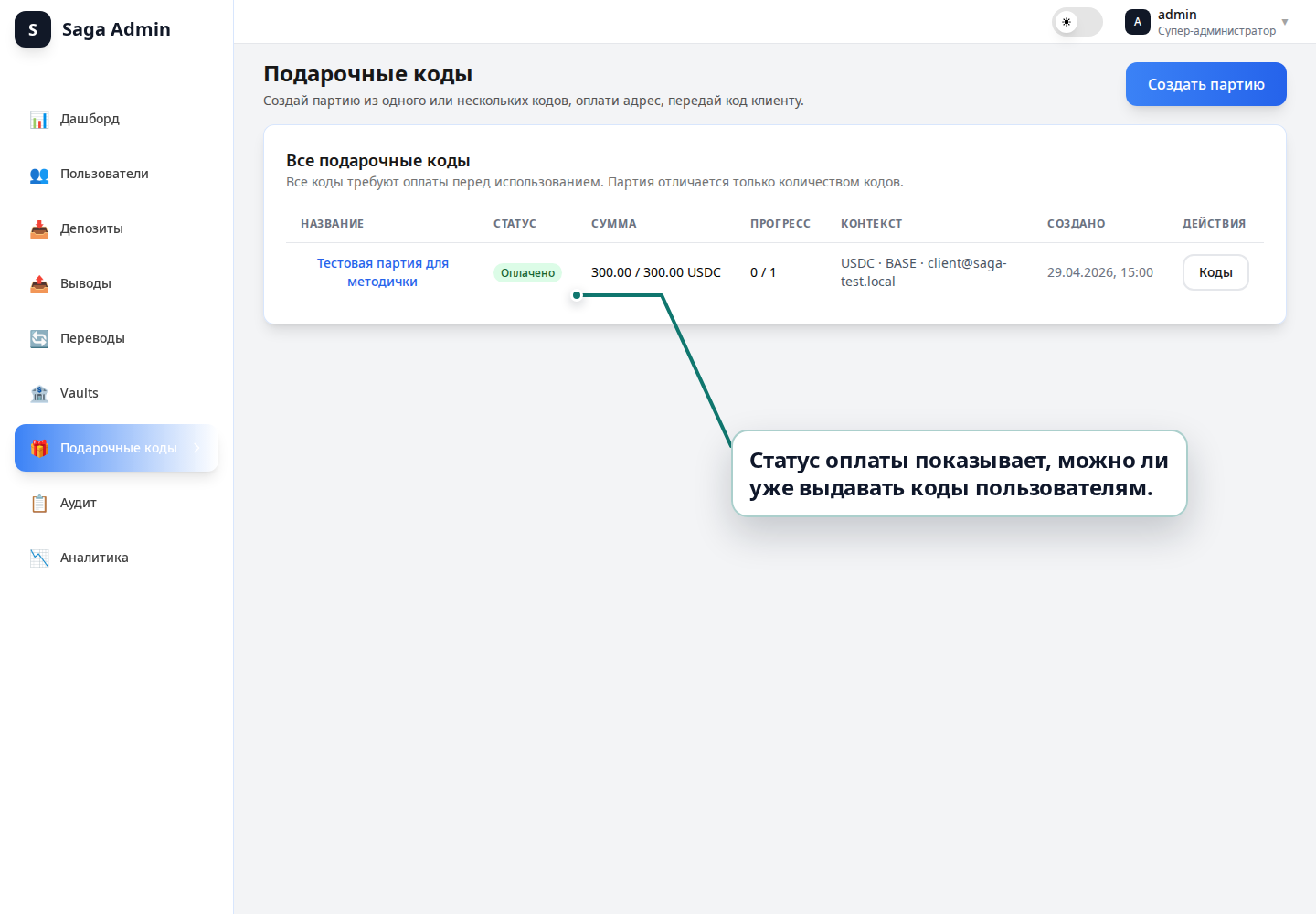 Список подарочных кодов с пометками